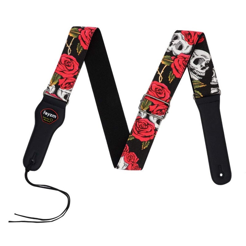 Rayzm Guitar Strap/Bass Strap, Cotton Belt for Acoustic/Electric/Bass Guitar with Plectrum Picks Pocket, Beautiful Rose with Cool Skull Pattern, 5cm Wide - Image 3